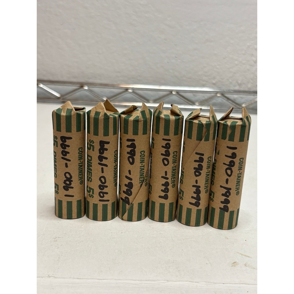 Lot of 6 Rolls Circulated US Dimes $30 Face Value 1990-1999 Decade Lot Coin-